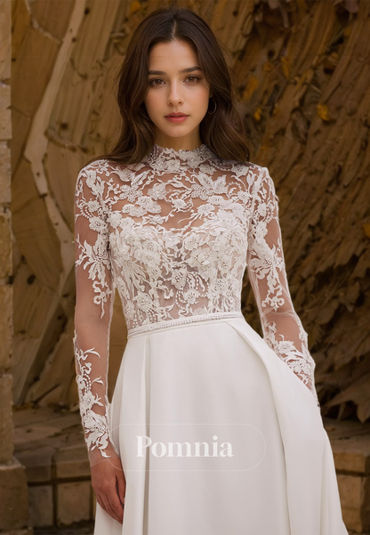 Charming A-Line Lace Long Sleeves Corset Tulle Empire-Waist Romantic Wedding Dress