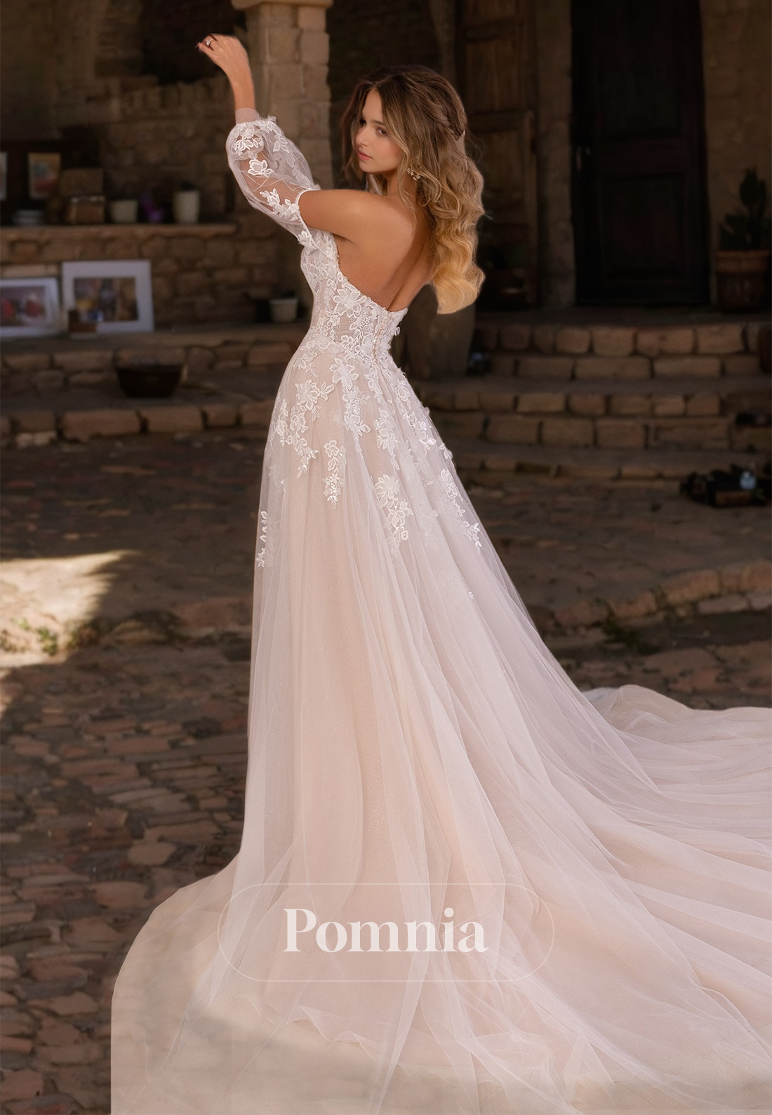 Charming A-Line Off-Shoulder Long Sleeves Slit Appliques Lace Wedding Dress