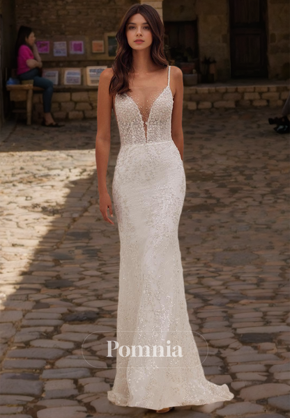 Spaghetti Straps V-Neck Empire-Waist Backless Sequins Romantic Wedding Dress