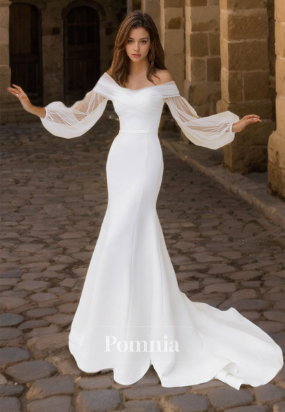 Mermaid Off-Shoulder Long Sleeves Sweep Train Backless Satin Wedding Dress