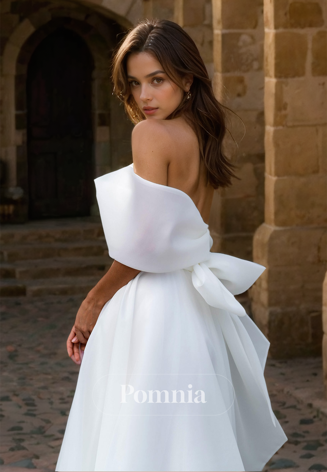 A-Line Off-Shoulder Empire-Waist Court Train Slit Bowknot Satin Wedding Dress