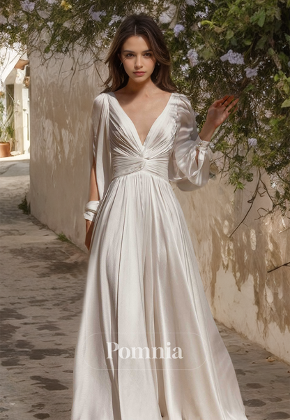 Elegant A-Line Long Sleeves Deep V-Neck Empire-Waist Sweep Train Romantic Wedding Dress