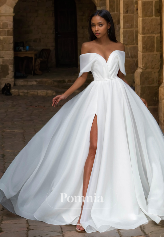 A-Line Off-Shoulder Empire-Waist Court Train Slit Bowknot Satin Wedding Dress