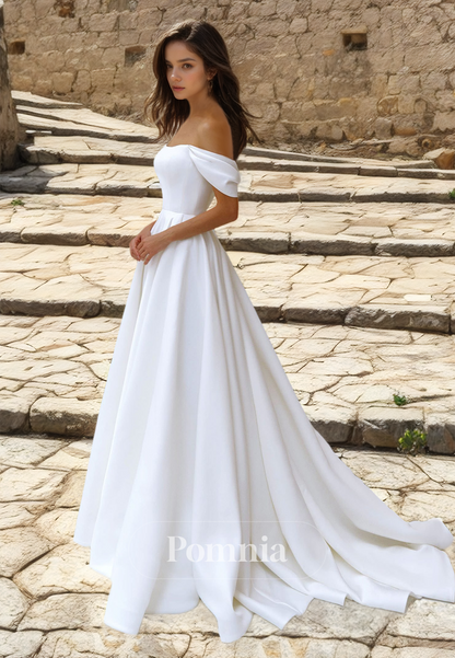 Simple Odd-Shoulder Backless Empire-Waist Ruched Satin Wedding Dress