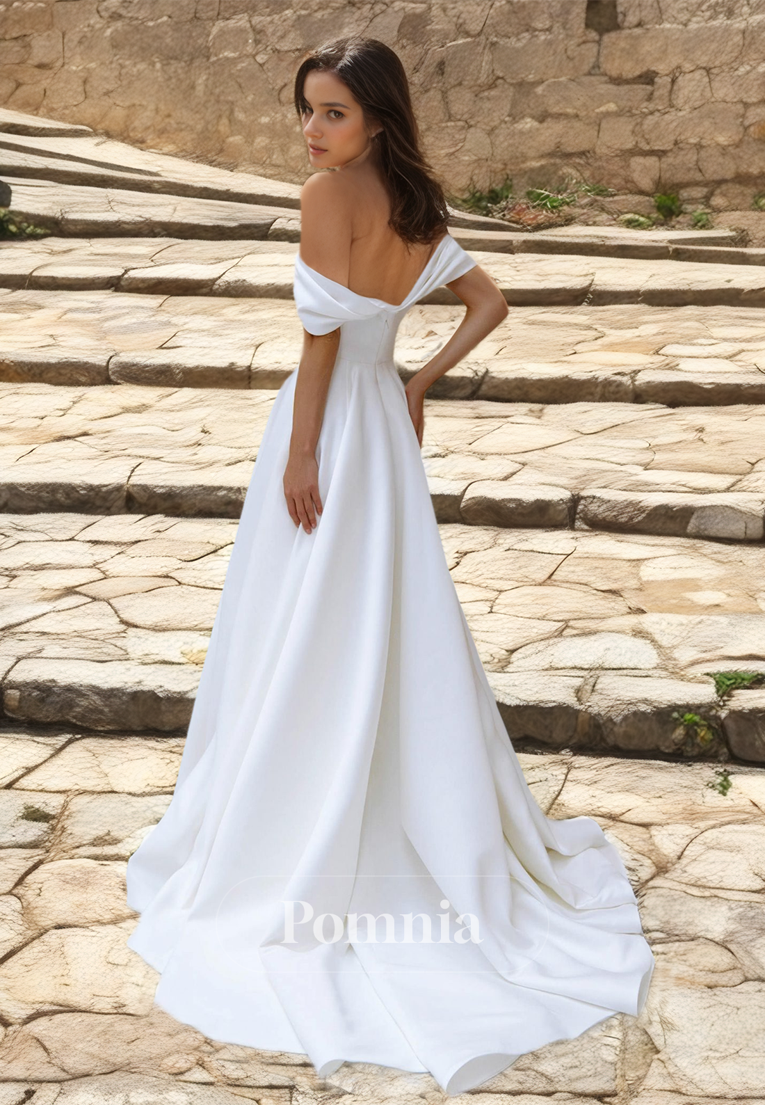 Simple Odd-Shoulder Backless Empire-Waist Ruched Satin Wedding Dress