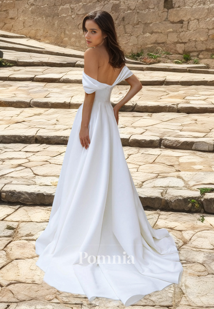 Simple Odd-Shoulder Backless Empire-Waist Ruched Satin Wedding Dress