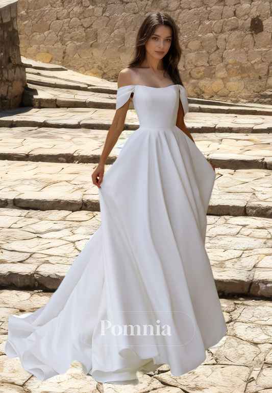 Simple Odd-Shoulder Backless Empire-Waist Ruched Satin Wedding Dress