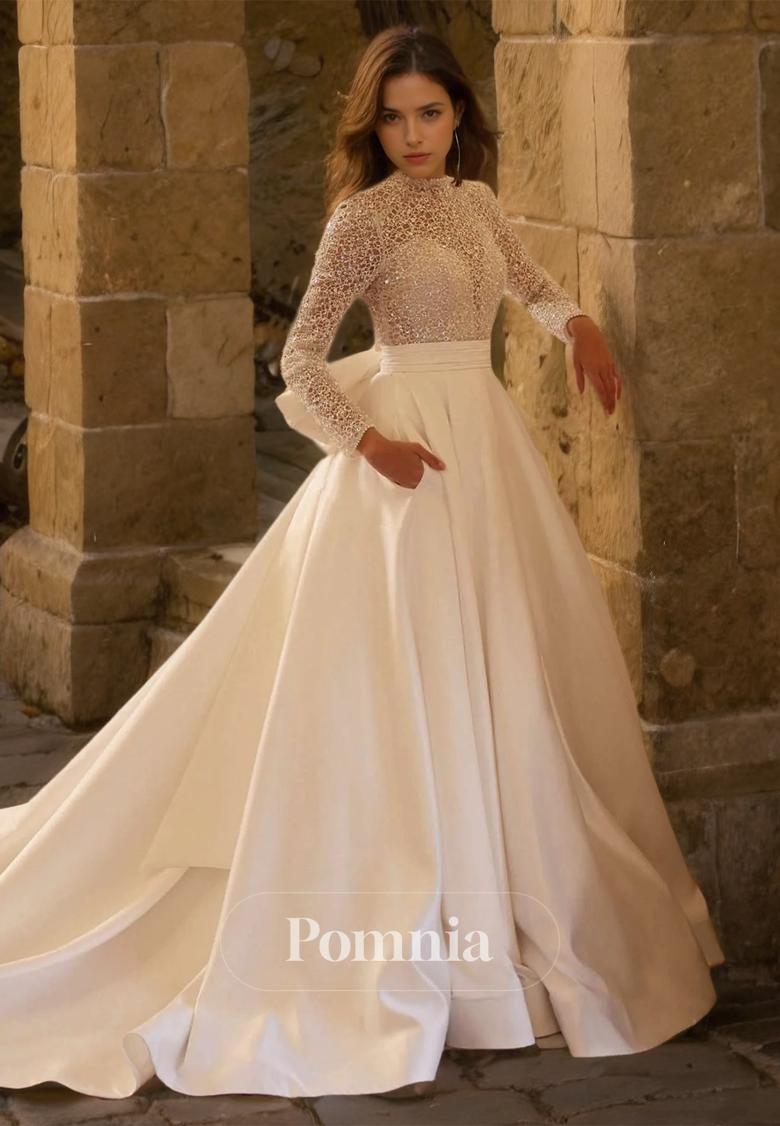 Charming Long Sleeves High Neck Empire-Waist Sweep Train Satin Wedding Dress