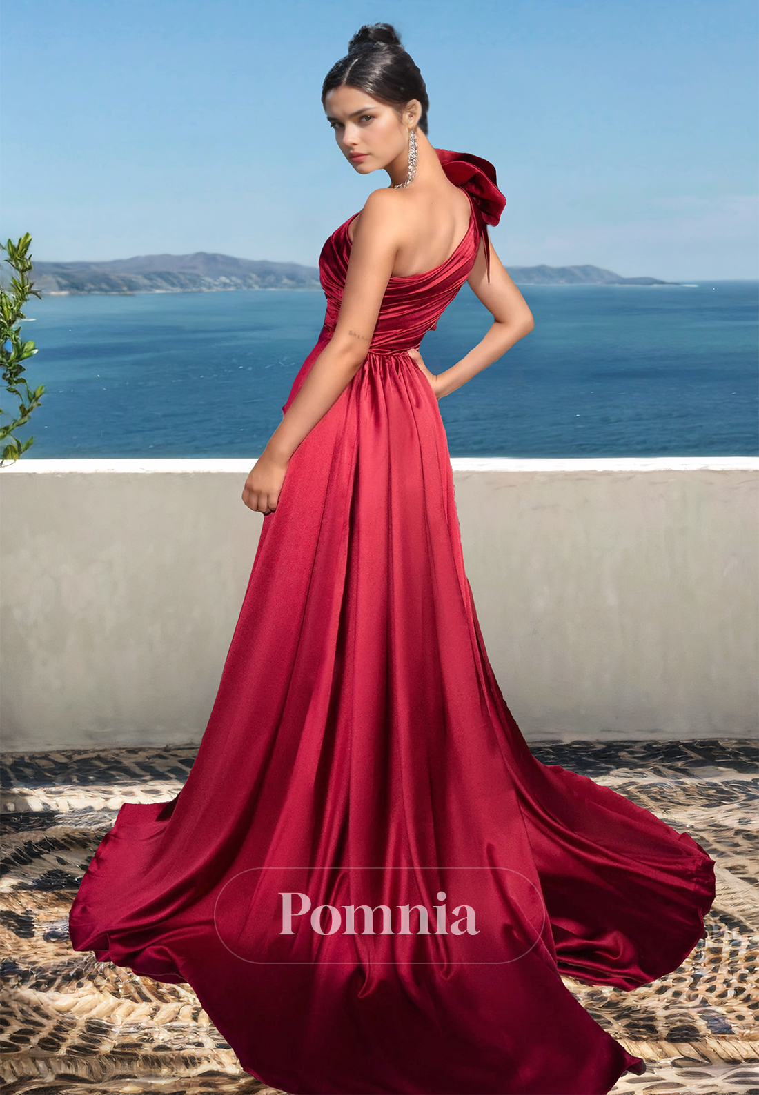 Burgundy One Shoulder Sleeveless Prom Dress with Slit Ruched Evening Party Dress