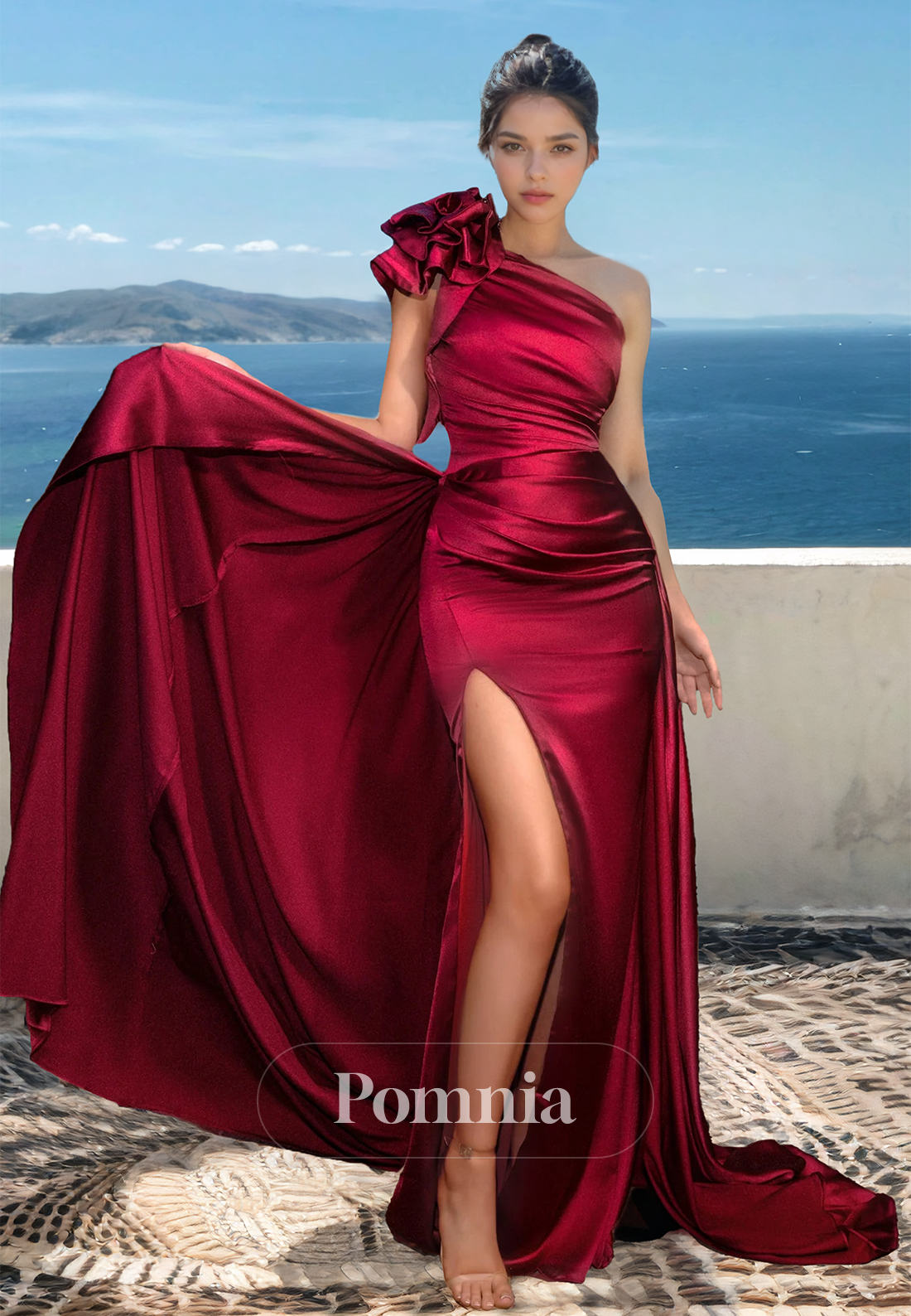 Burgundy One Shoulder Sleeveless Prom Dress with Slit Ruched Evening Party Dress