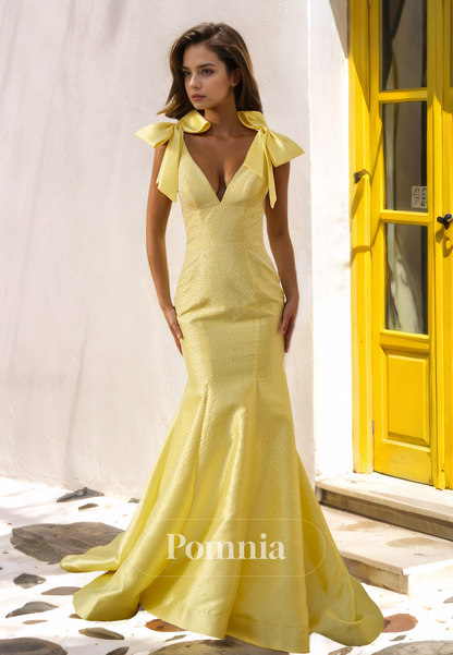 Daffodil A-Line Spaghetti Straps V-Neck Backless Floor-Length Prom Party Dress