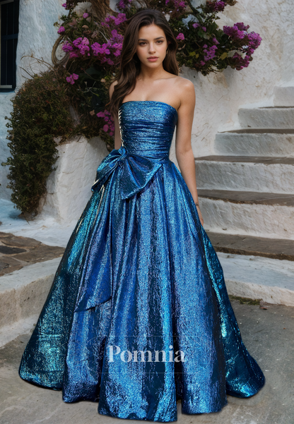 Blue Jay A-Line Strapless Sleeveless Prom Dress with Bowknot Ruched Evening Dress