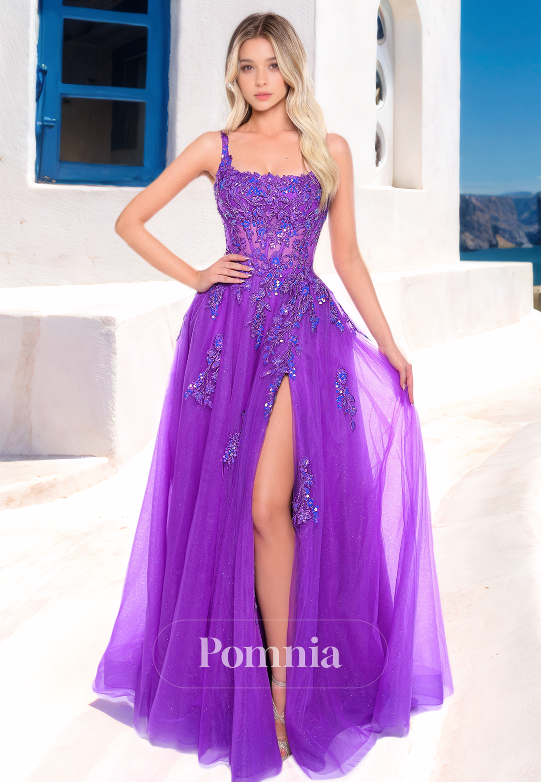 A-Line Spaghetti Straps Square Prom Dress with Slit Sequins Evening Party Dress