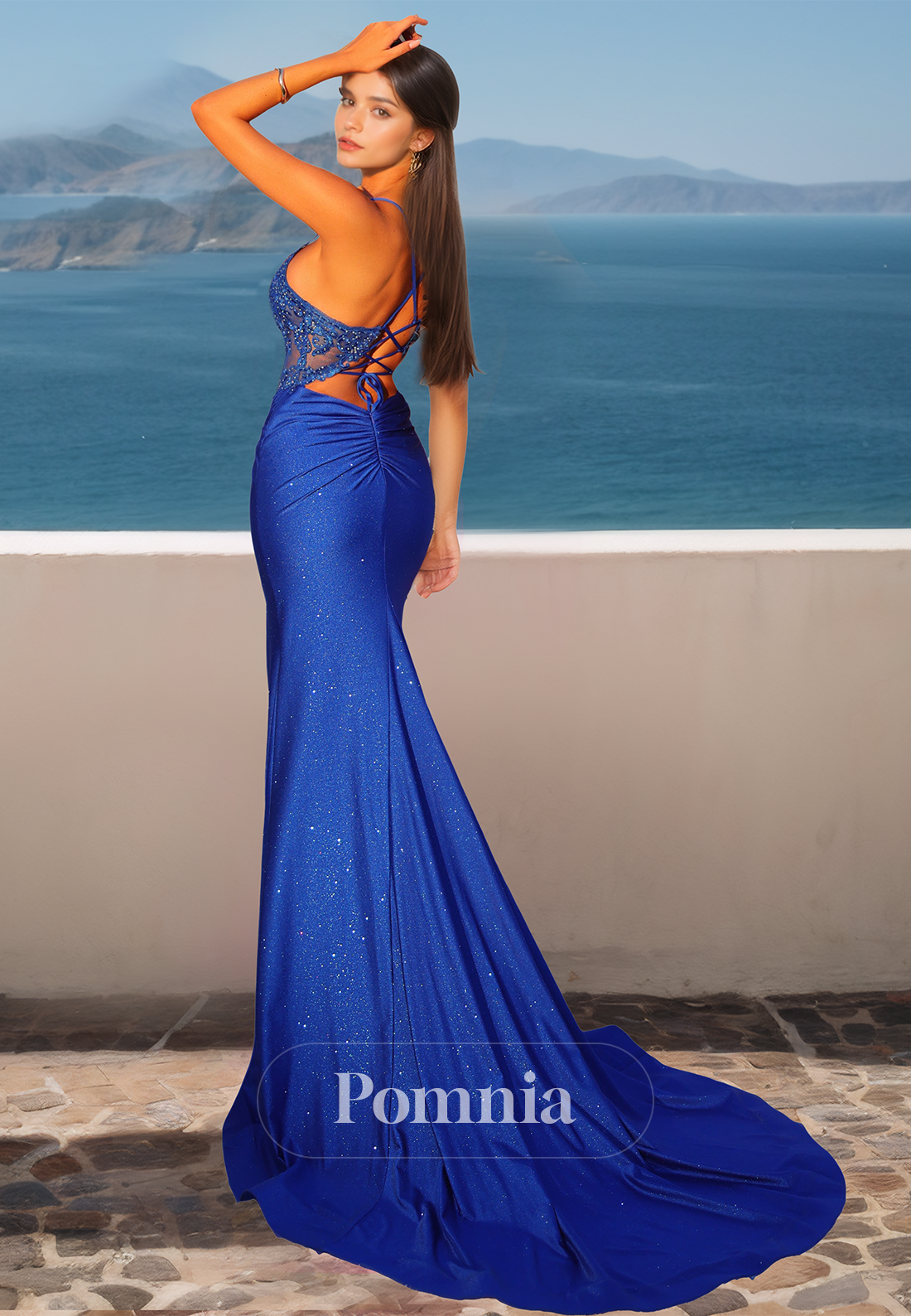 Sheath Spaghetti Straps V-Neck Prom Dress with Slit Ruched Corset Evening Party Dress