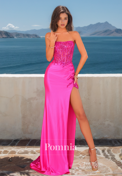 Sheath Strapless Sleeveless Corset Tulle Prom Dress with Slit Ruched Evening Party Dress