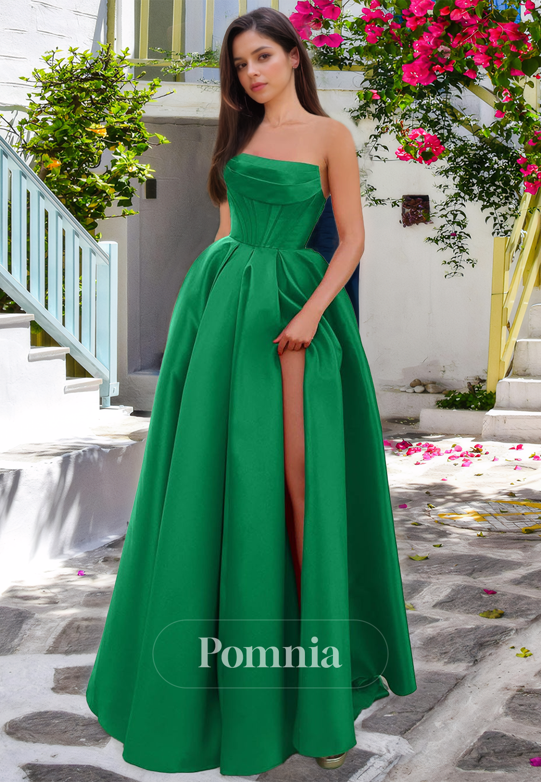 Simple Strapless Sleeveless Prom Dress with Slit Empire-Waist Evening Party Dress