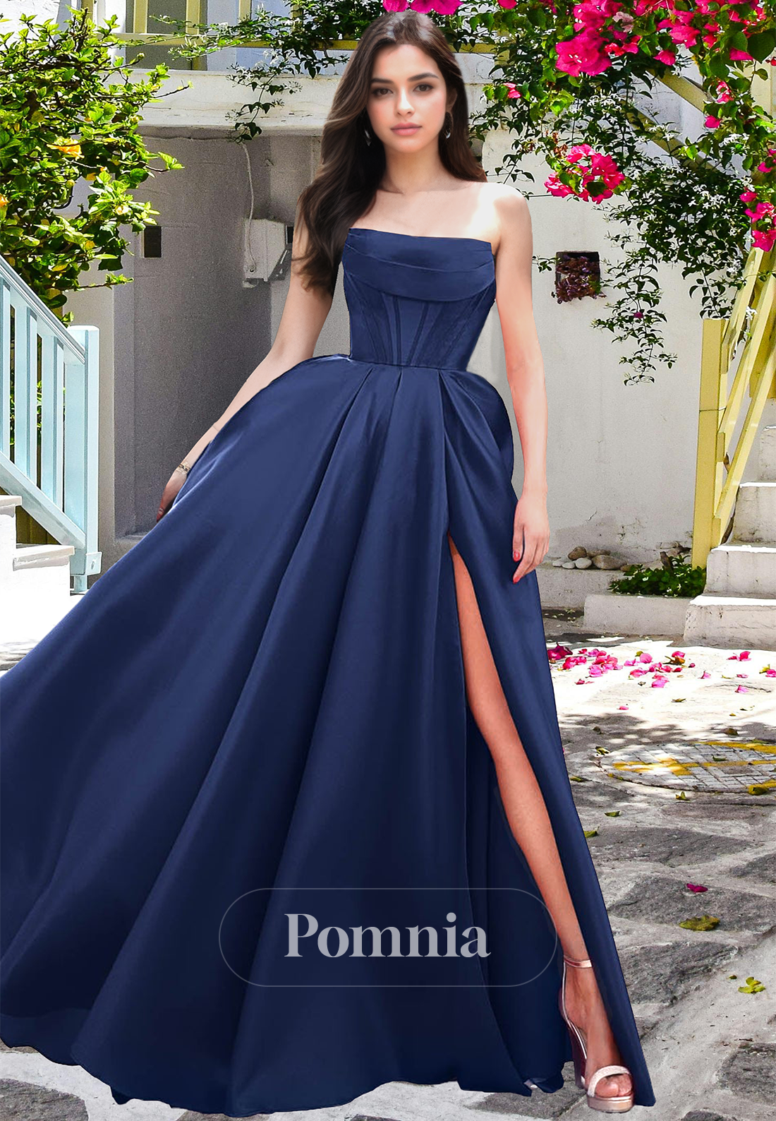 Simple Strapless Sleeveless Prom Dress with Slit Empire-Waist Evening Party Dress