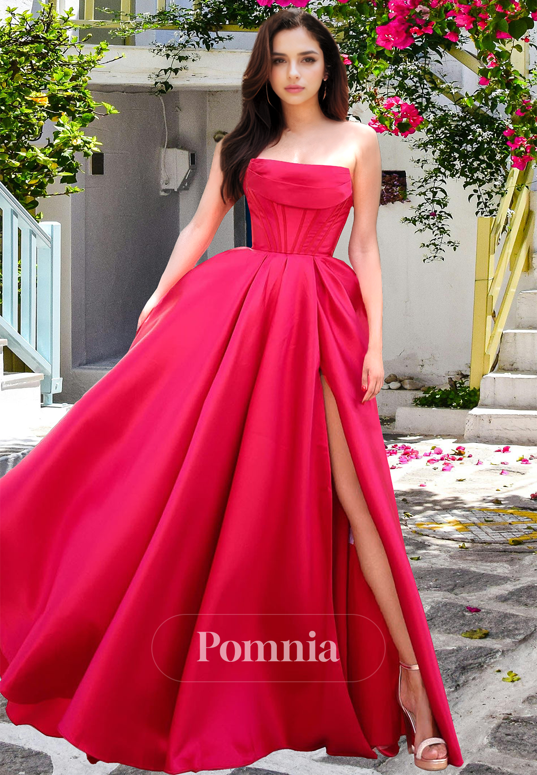 Simple Strapless Sleeveless Prom Dress with Slit Empire-Waist Evening Party Dress