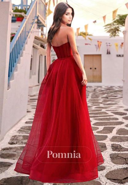 Red A-Line Strapless Sleeveless Prom Dress with Slit Empire-Waist Evening Party Dress