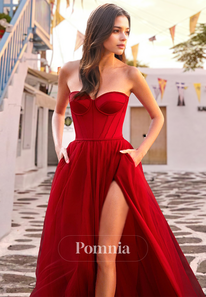 Red A-Line Strapless Sleeveless Prom Dress with Slit Empire-Waist Evening Party Dress