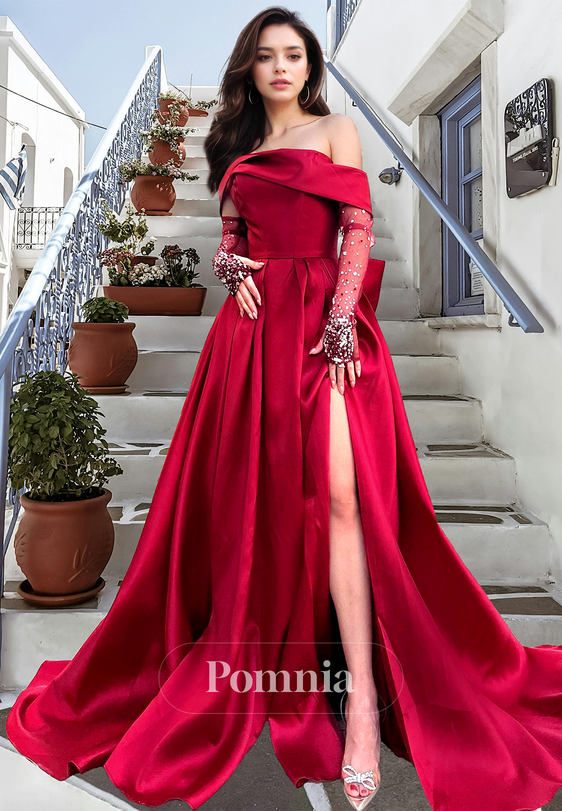 A-Line Off-Shoulder Cap Sleeves Prom Dress with Slit Bowknot Evening Party Dress