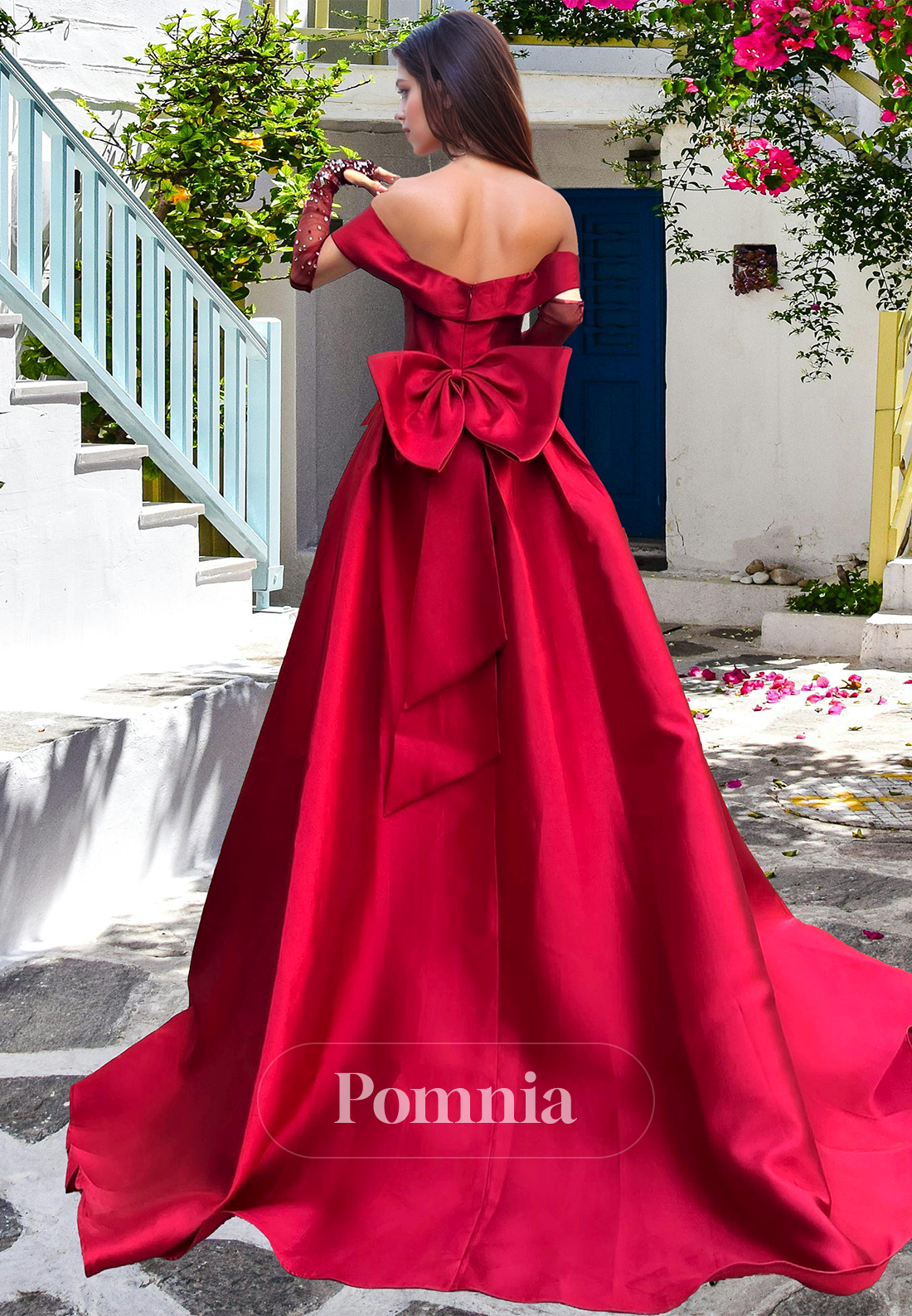 A-Line Off-Shoulder Cap Sleeves Prom Dress with Slit Bowknot Evening Party Dress