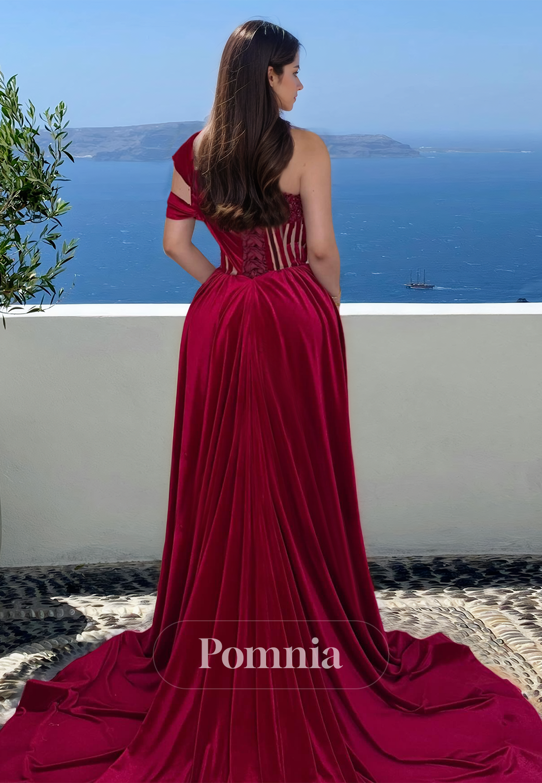 Burgundy One Shoulder Prom Dress with Pleats Velvet Slit Evening Party Dress