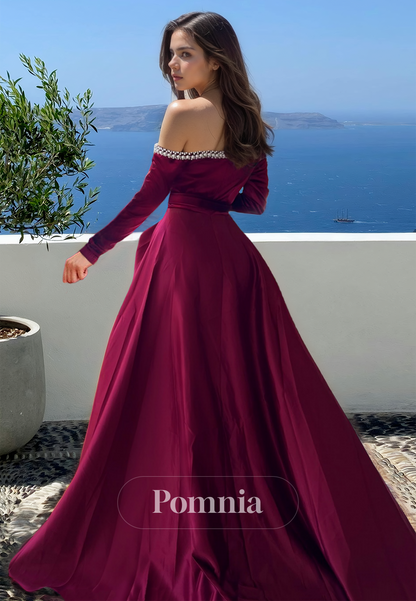 A-Line Long Sleeves Off-Shoulder Prom Dress with Slit Ruched Evening Party Dress