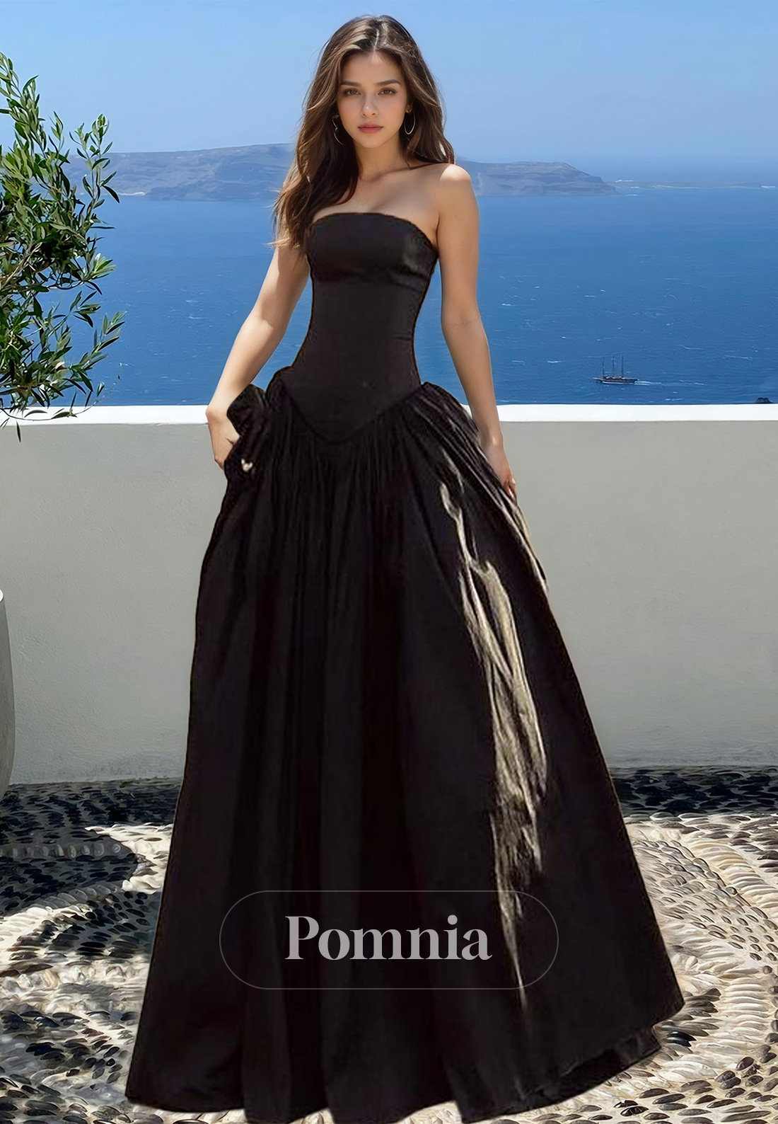 Black A-Line Strapless Sleeveless Empire-Waist Floor-Length Prom Party Dress