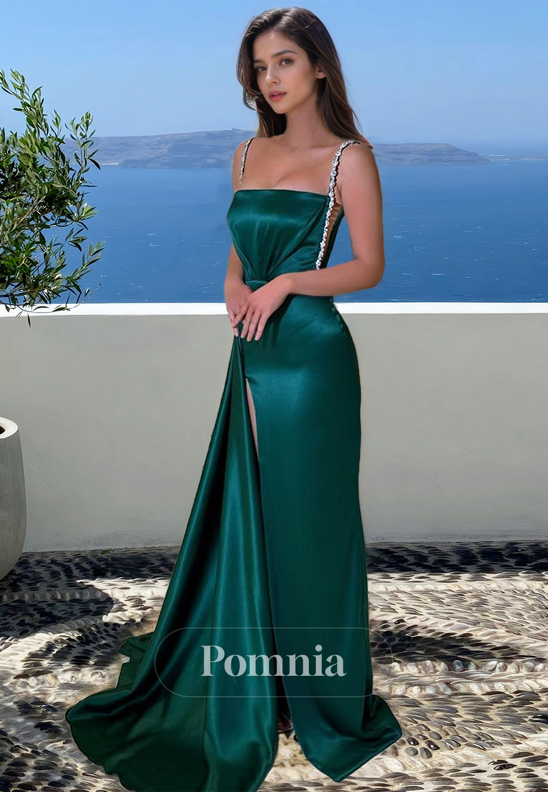 Dark Green Spaghetti Straps Scoop Prom Dress with Slit Ruched Evening Party Dress