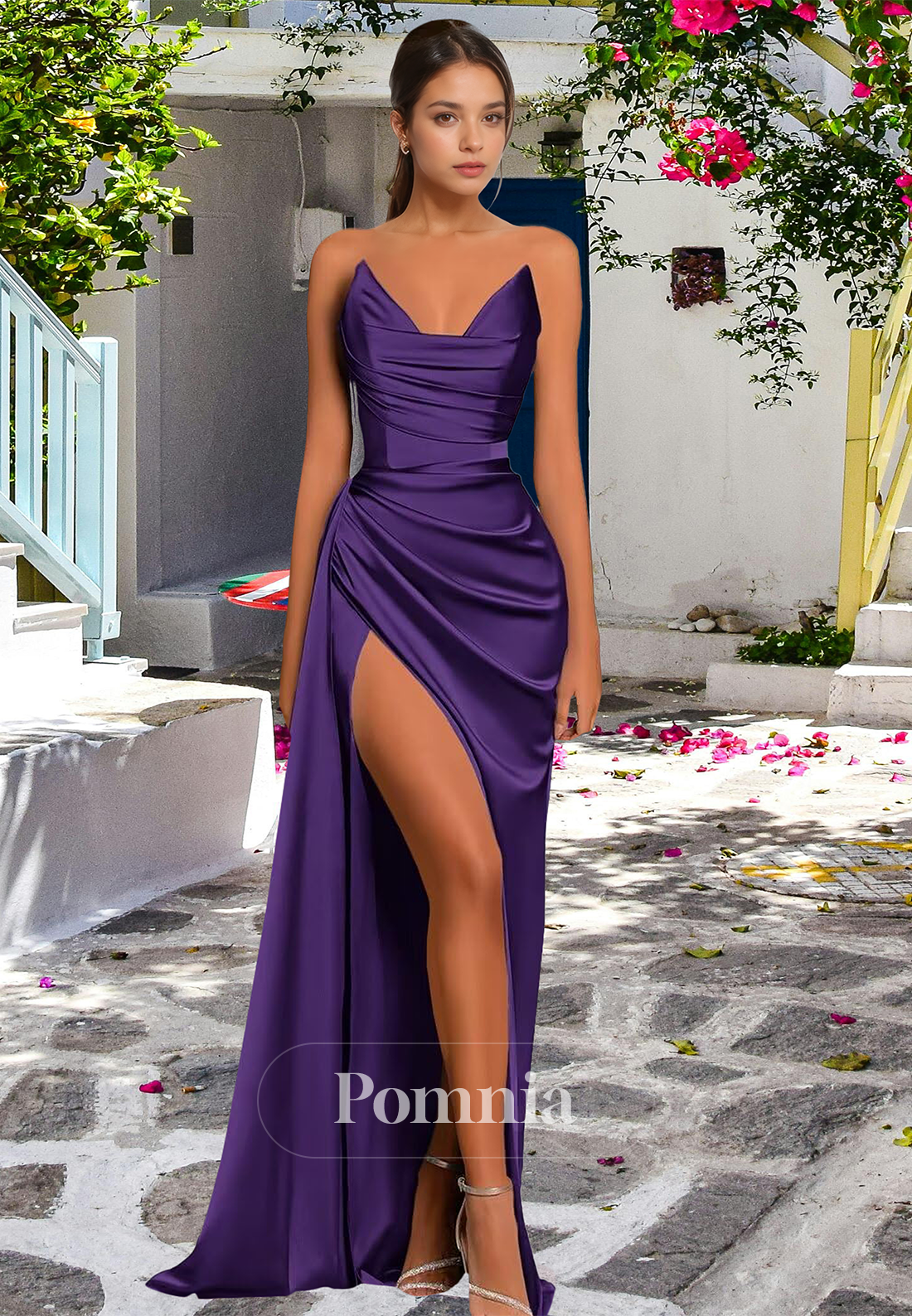 Sheath Strapless Sleeveless Prom Dress with Slit Ruched Evening Party Dress