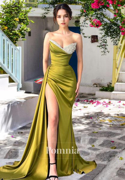 Sheath Strapless Sleeveless Prom Dress with Slit Beads Ruched Evening Party Dress