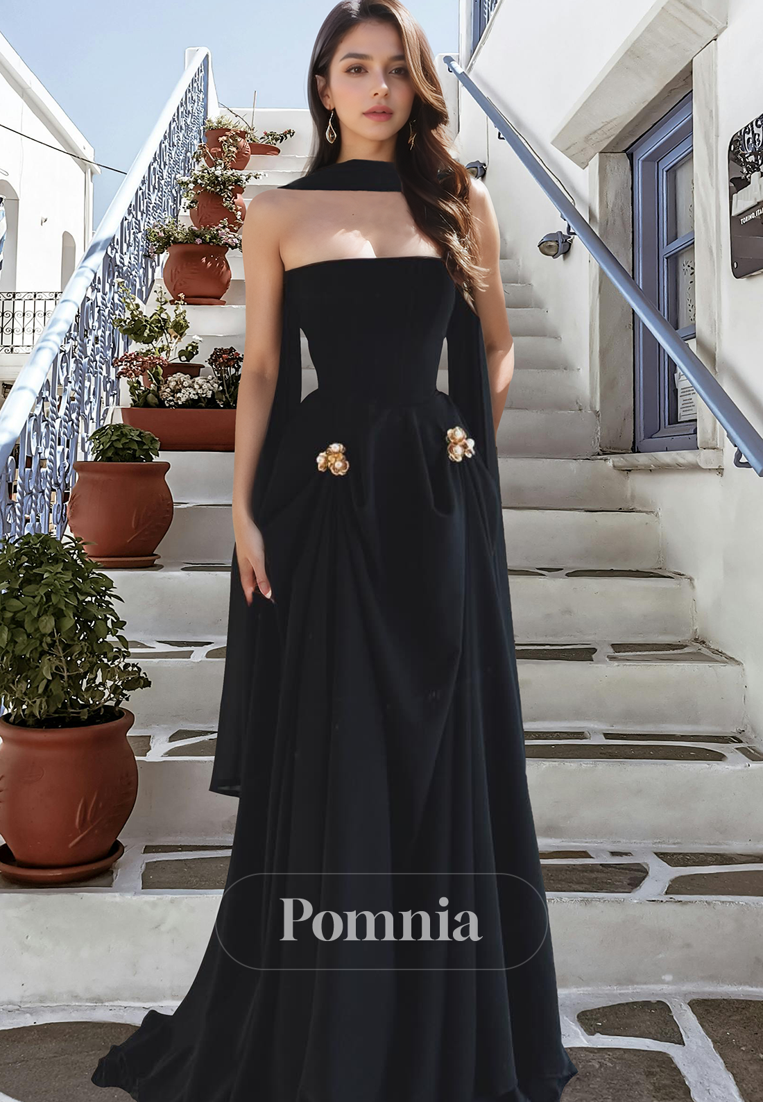 Black Strapless Sleeveless Prom Dress with Train Empire-Waist Evening Party Dress