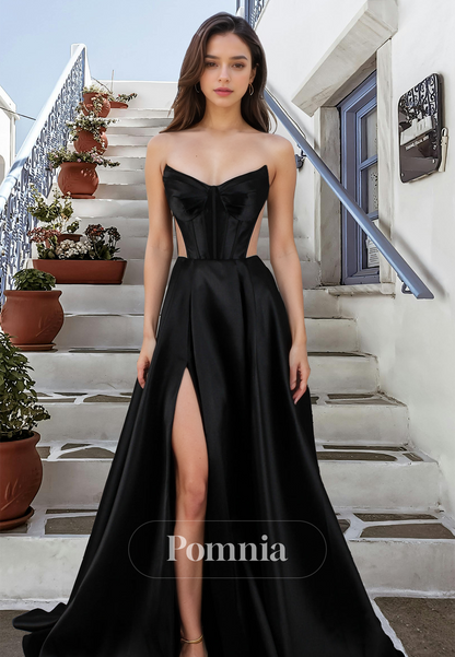 A-Line Strapless Sleeveless Corset Prom Dress with Slit Empire-Waist Evening Party Dress