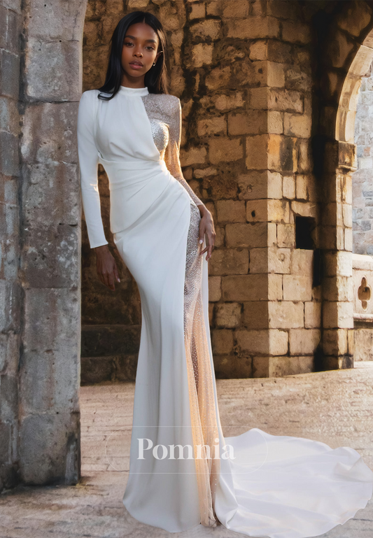 Glamorous Scoop Long Sleeves Side Slit Sweep Train Sequins Satin Wedding Dress