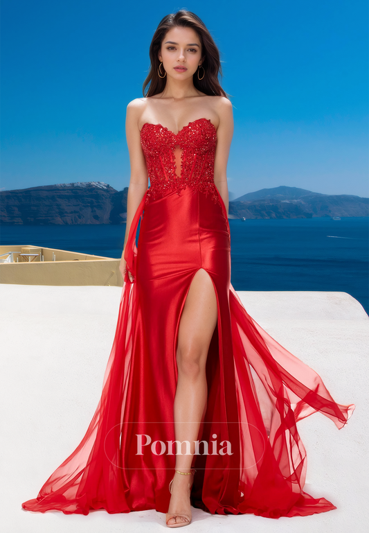 Red Strapless Sleeveless Prom Dress with Slit Ruched Floor-Length Evening Party Dress
