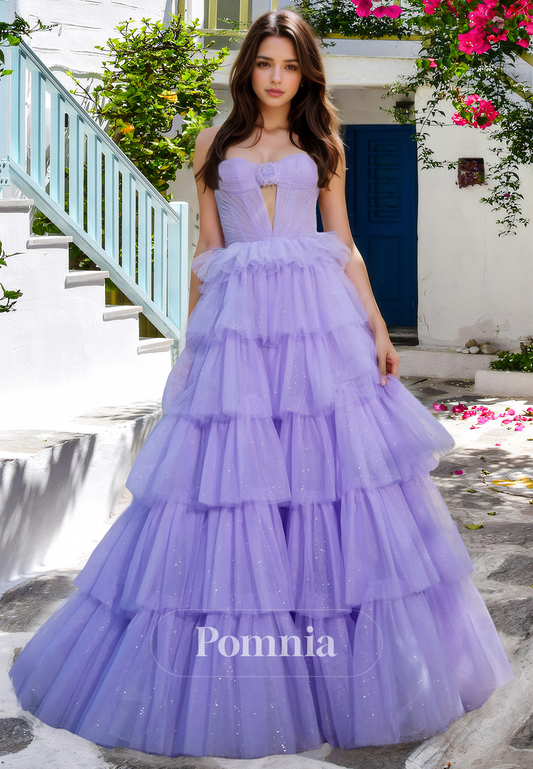 Lavender A-Line Strapless Sleeveless Prom Dress with Ruffles Corset Tulle Evening Party Dress