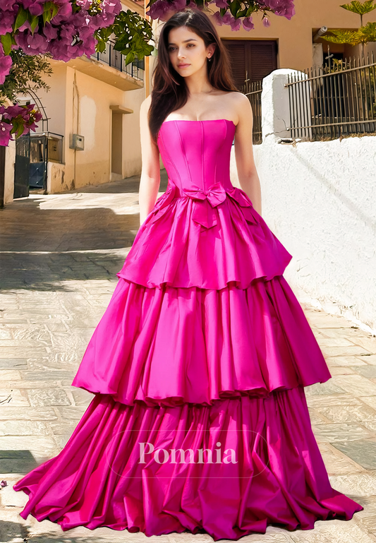 Fuchsia A-Line Strapless Sleeveless Prom Dress with Ruffles Ruched Evening Party Dress