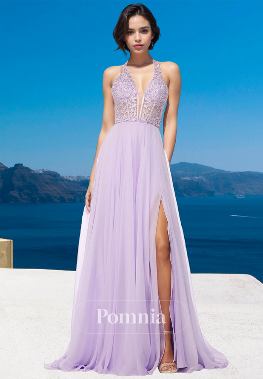 Lavender Halter V-Neck Prom Dress with Slit Corset Tulle Floor-Length Evening Party Dress
