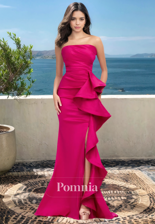 Sheath Strapless Sleeveless Prom Dress with Slit Ruched Floor-Length Evening Party Dress