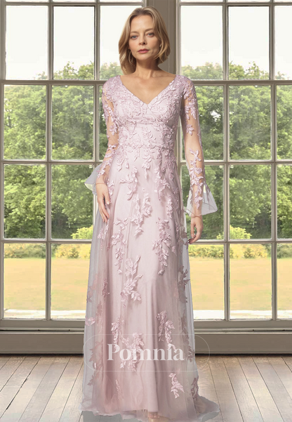 Elegant A-Line Lace Long Sleeves V-Neck Floor-Length Appliques Mother of the Bride Dress