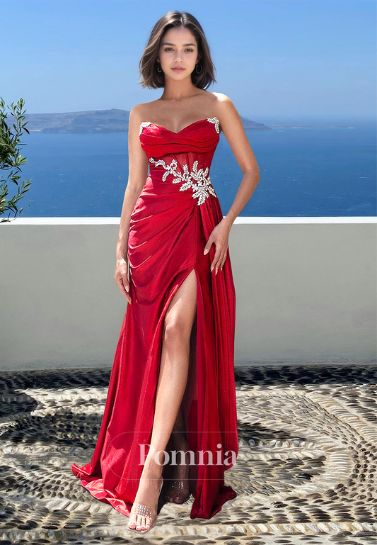 Red Strapless Sleeveless Prom Dress with Slit Beads Ruched Evening Party Dress