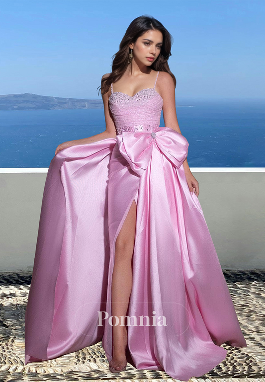 Charming A-Line Spaghetti Straps Scoop Prom Dress with Bowknot Slit Evening Party Dress