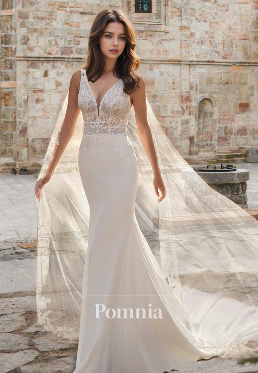 Sheath Spaghetti Straps V-Neck Corset Tulle Floral Appliques Satin Wedding Dress