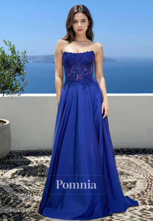 Royal Blue A-Line Strapless Sleeveless Illusion Corset Tulle Prom Evening Dress
