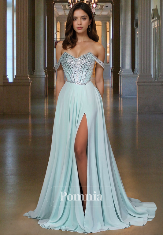 Simple Cap Sleeves Off-Shoulder Prom Dress with Beads Slit Evening Party Dress