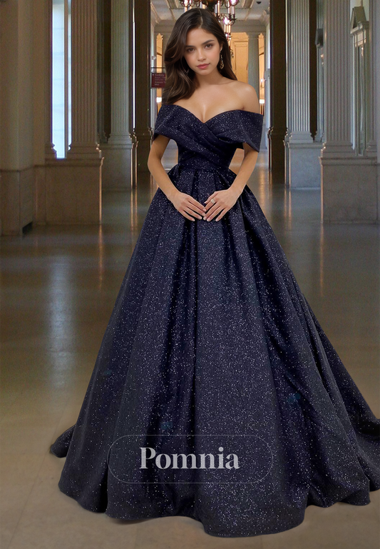 Dark Navy A-Line Off-Shoulder Cap Sleeves Prom Dress with Train Corset Evening Party Dress