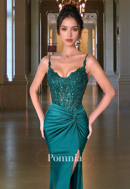 Jade Spaghetti Straps Sweetheart Prom Dress with Slit Ruched Corset Evening Party Dress