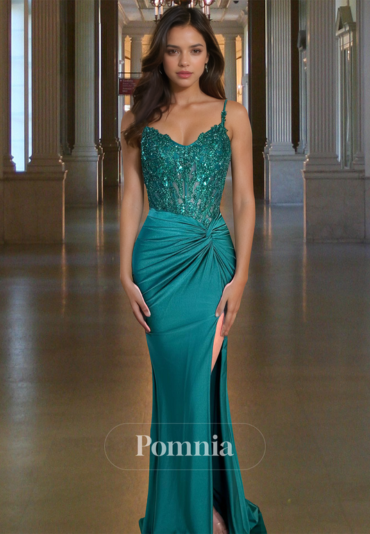 Jade Spaghetti Straps Sweetheart Prom Dress with Slit Ruched Corset Evening Party Dress