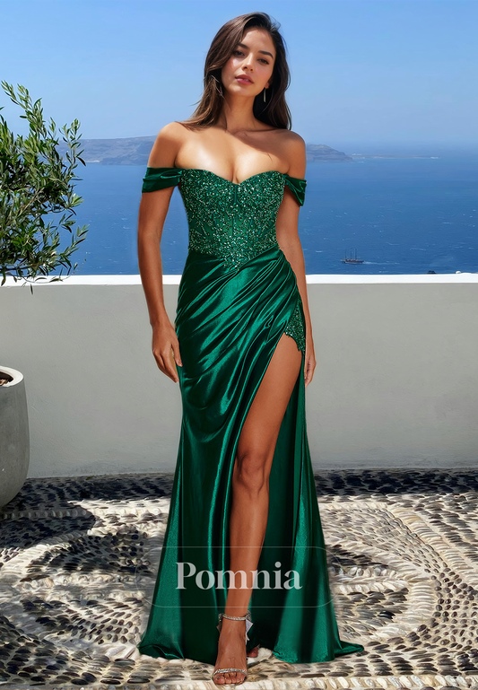 Dark Green Off-Shoulder Cap Sleeves Prom Dress with Slit Ruched Evening Party Dress